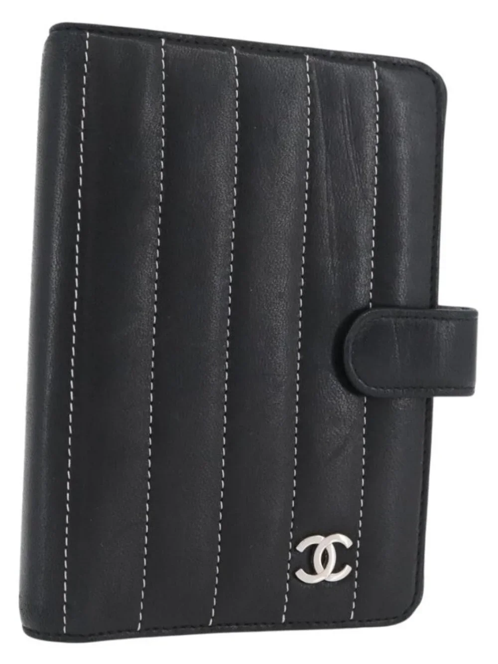 CHANEL Mademoiselle Agenda Day Planner Cover Leather Silver Black CC Auth mr2185